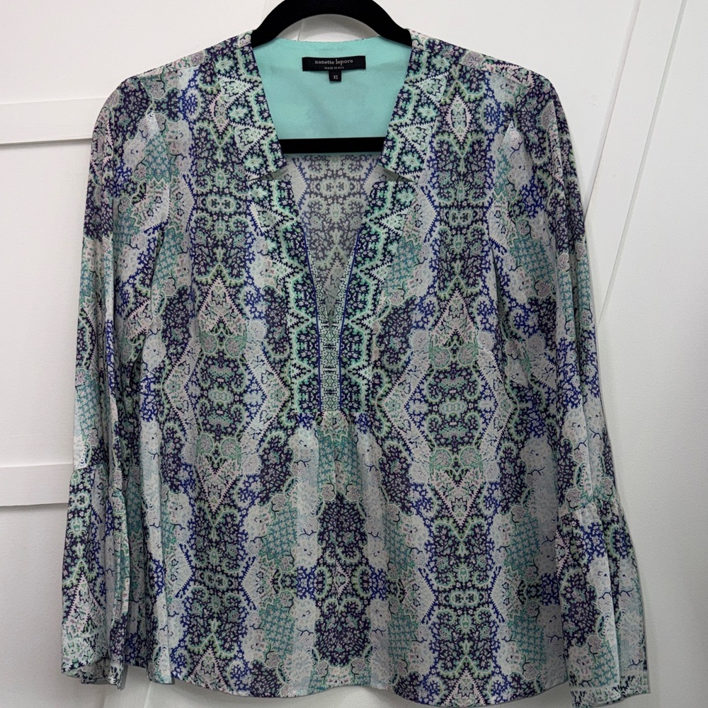 Nanette Lepore Blue and Green Patterned Blouse